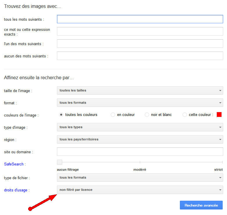 Formulaire de recherche avancée de Google Images