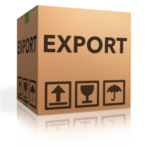 export package or exporting cargo for global and international trade worldwide business cardboard box with text and reflection exportation logistics