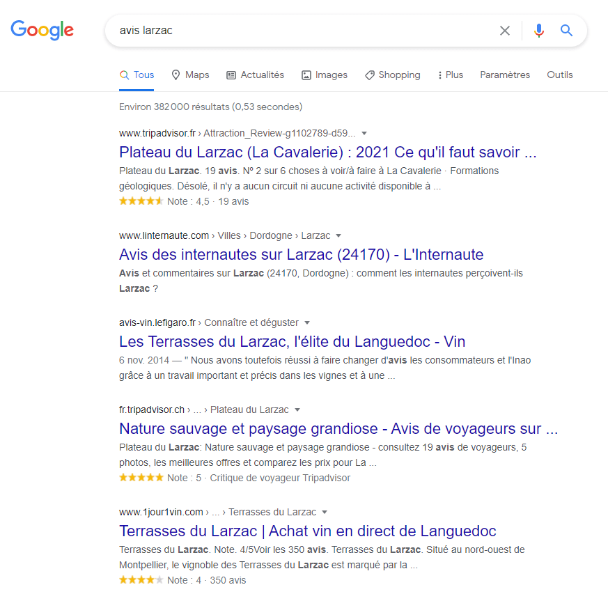 Exemple SEO : les avis dans la SERP