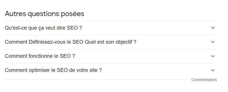 Suggestions de questions posées par les internautes selon Google