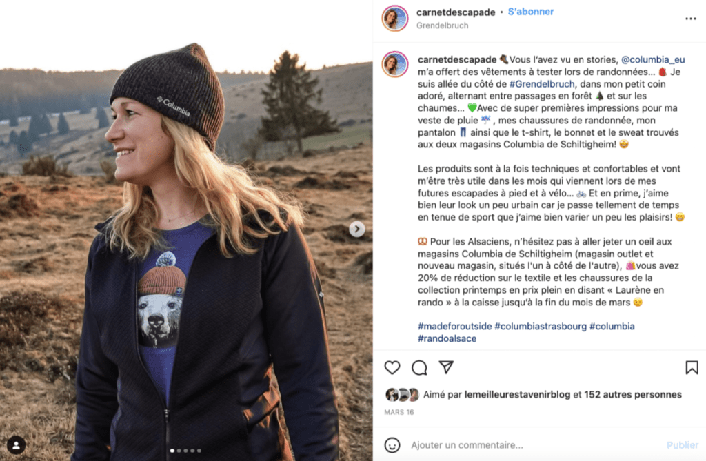 Post Instagram de @carnetdescapade suite à un partenariat avec Columbia